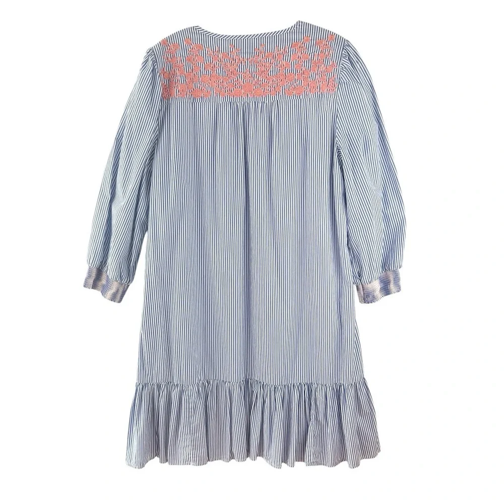 J CREW Preppy Blue Striped‎ Ruffle Dress Pink Embroidered Smocked Yolk Sz Medium